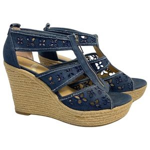 Michael Kors Damita Women’s Sz 8M Blue Denim Floral Wedge Sandals